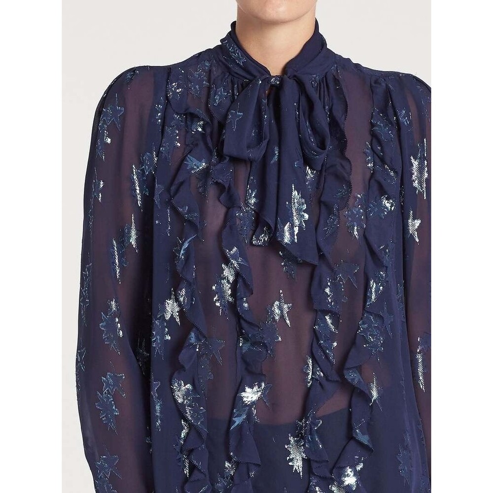 Rebecca Taylor Metallic Star Clip Tie Neck Silk Blend Gemini Blue Blouse Size 6